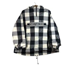 Christian Dior Anorak Hoodie Black White Plaid Print Oversized Jacket Size M